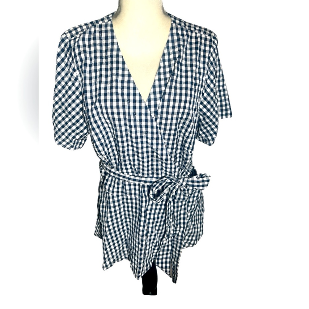 LOFT Blue White Check Print Wrap Shirt Flupper Short Sleeve boho Sz 18 Plus new